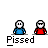 Pixel art buddy icon set with two figures in blue and red clothing, each with white faces, showing multiple poses and actions under the text "Pissed".
