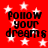 Red background with white stars and black text reading "Follow your dreams" in four quadrants.