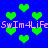 Blue background with green heart shapes and repeating pink text "SwIm4LiFe" in two horizontal bands.