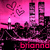 Pixelated pink-toned scene with candle, hearts, and building silhouettes; text changes from 'brianna' to 'loves' to 'him :3'