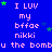 Blue background with repeated pink text and green stars, showing static pixel art of 'I LUV my bffae nikki u the bombu' in a pattern
