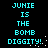 Cyan pixelated text on black background reads "JUNIE IS THE BOMB DIGGITY!" in two vertical with white dot accents