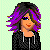 Pixel art of a character with purple and black hair wearing a black zip-up hoodie, pink plaid skirt, white socks, and black shoes against a light green background.