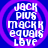 Four identical circular icons with purple rings on blue background, each containing stacked white text reading JACK, PLUS, MACK, equals, LOVE.