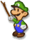 Pixelated character in green cap and blue overalls points right with brown stick, smiling on gray background.
