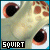 identical animated frames showing a close-up of a light green, spotted creature's eye with a black pupil and orange rim, each labeled 'SQUIRT' in white text on a black background