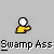 Pixel art of a yellow-shirted figure with white head showing buttocks, text "Swamp Ass" repeated below, and speech bubble saying "Damn!"