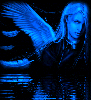 Animated sequence of a winged figure with long hair in blue monochrome tones, showing subtle head and wing position changes across frames.