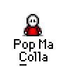A 4x4 contact sheet of a pixel art animation featuring a white stick figure in red clothing performing subtle hand movements across multiple frames, with "Pop Ma Colla" text below each frame on a gray background.
