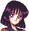 Pixel art of a character with dark purple hair and pink highlights, wearing red and blue clothing against a gray background.