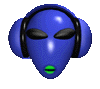 Blue alien head with black headphones and green mouth, displayed in a of static poses against gray background
