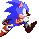 Six pixel-art frames of a blue hedgehog character in motion, showing running and walking poses with red shoes and white gloves against gray background.