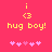 Pixelated pink background with yellow text and symbols, including 'i <3 hug boy!' and a of five pink hearts below