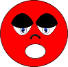 Red circular face with black eye patches and blue eyes, displaying multiple mouth expressions including open, closed, and 'Thank You' text in white oval shapes.