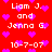Red background with white text and pink hearts; repeated names 'Liam J. and Jenna G.' and date '10-7-07' in pixelated font.