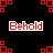 Pixelated red text on black background with red square patterns and gray corner overlay.