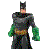 Pixelated figure in dark gray and green costume with bat-like headpiece, standing against solid light gray background.