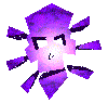 Animated purple crystalline figure with shifting facets, glowing white highlights on central face, and radiating angular extensions against gray background.