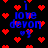 Pixelated blue text 'i love devon' with red heart symbols scattered across a black background, animated with shifting heart positions.