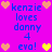 Pixelated text and heart icons on a bright pink background, with blue text reading 'kenzie loves danny 4 eva!' surrounded by orange and yellow hearts.