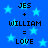 Blue background with light blue stars and black pixelated text reading "JES + WILLIAM = LOVE" repeated twice.