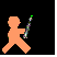 Pixelated orange stick figure holds a silver-and-green lightsaber-like object, transitioning through multiple poses against a black background.