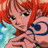 Pixelated anime-style character with red hair and blue eyes holding a blue object against a black background with white text.