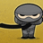 Pixelated ninja character with gray mask and black clothing stands against yellow background, holding black sword; text elements appear on bright pink sections of the image.