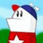 Pixelated character with white face, red top, blue hat, and white star on red lower section against green and blue background.
