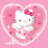 Pixelated Hello Kitty icon with pink heart background, white cat face, red bow, and scattered pink dots.