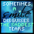 Two side-by-side animated frames of a pixelated buddy icon with blue background and text about smiles disguising sadness.