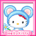 Hello Kitty character in blue mouse ears with pink inner ears, holding a small flower, wearing a red bow on head, against gray background with pink border.