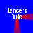 Blue background with four instances of 'Lancers Rule!' text and red motion trails forming a loop.