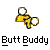 Pixelated yellow figure with white circular eyes and a black outline, shown in two sequential poses against gray background.