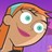Pixelated cartoon-style face with large teal eyes, orange hair, and a pink mouth against a purple background.