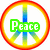 Three circular icons with rainbow borders display a peace symbol and text variations: "Peace," "and Love," and "forever!" in green, pink, and cyan respectively.