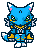 Blue fox-like creature with pink inner ears and yellow accents on clothing, standing against gray background.