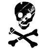 Black and white skull-and-crossbones icon with a bandaged eye, showing two color variations on gray background.