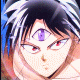 Anime character with three eyes and spiky hair in two distinct poses, one showing a neutral expression and the other a downward gaze.