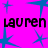 Bright pink background with scattered blue starbursts, black text 'lauren' repeated in three positions.