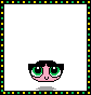 Pixelated cartoon character with pink skin, large green eyes, black hair, and a small smile in four positions