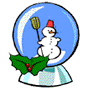A snowman in a blue snow globe with holly, holding a broom, wearing a red hat, with snowflakes and base details visible.