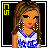 Pixel art of a woman in blue-and-white attire with large hoop earrings, transitioning to white clothing and text on black backgrounds