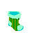 Pixelated green striped stocking with light blue trim and snow, featuring a cat-like character in three states: empty, peeking from top, and holding red ribbon.