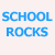 Animated sequence of blue 'SCHOOL ROCKS' and red 'SUCKS' text repeating across a white background with partial gray overlay.