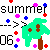 Pixelated graphic with "summer" text, numeric "06", and a palm tree surrounded by colored dots on white background.