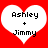 Two white heart shapes on a red background with black text reading "Ashley + Jimmy" inside each heart.