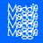 Four pixelated square on blue background display repeated white 'M' shapes with varying color gradients and transparency effects