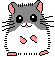 Pixel art hamster with gray head, white body, pink ears and feet, black eyes with white highlights, whiskers, and a small nose.