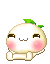 Pixelated character with white rounded body, pink cheeks, green leafy top, and small limbs in four distinct poses against gray background.